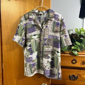 Vintage Alia Geometric Purple Green and Beige Short Sleeve Button Up Top Size 12